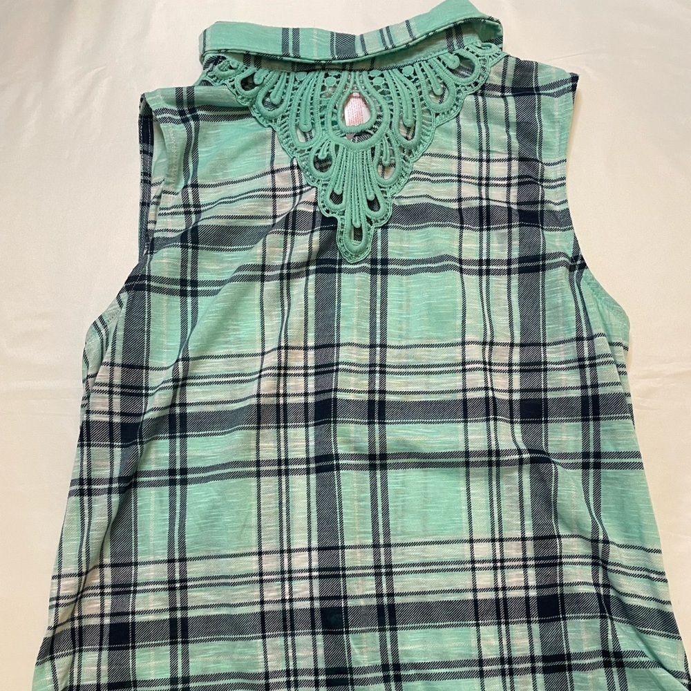 No Boundaries size XL mint green and navy blue plaid button up tank top - Picture 4 of 6